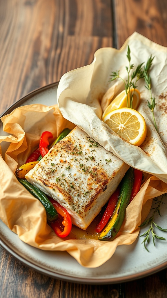 Sea Bass en Papillote with vegetables, garnished with lemon slices and herbs, served on a white plate.